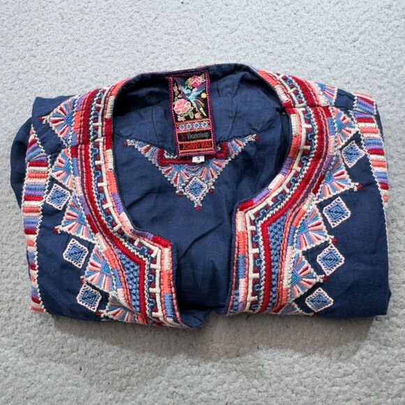 Johnny Was Blouse Womens Small Blue Embroidered Peasant Top Boho Ethnic Bib - Picture 4 of 15